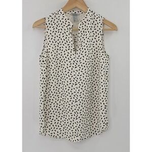 H&M Women's Sleeveless Chiffon Top Cream Black Print Keyhole Blouse Sz 2 Preppy‎
